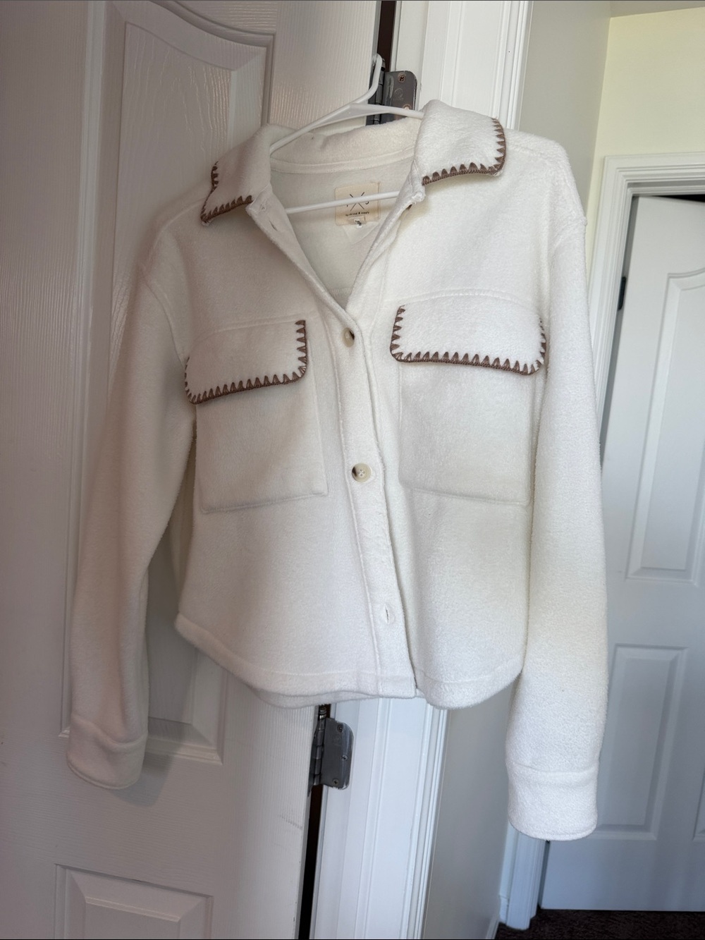 Thread & Supply Cream Teddy Jacket with Brown Trim